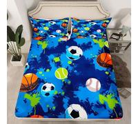Basketball Football Fitted Sheets Single Size,Baseball Tennis Bedding Sets 2Pcs for Kids Boys Teens Room Decor,Ball Sports Games Bed Sheet Fashion Blue Graffiti Deep Pocket Sheet,1 Pillowcase