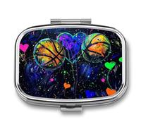 Basketball Heart Pill Case Box with 2 Compartment Medicine Vitamin Organizer for Purse Pocket 5.5x4cm