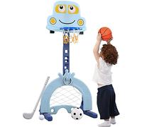 Basketball Hoop for Toddlers Kids Indoor Outdoor 4-in-1 Sports Activity Center Play Set Adjustable Basketball Hoop/Soccer Goal Ring Toss Golf Best Gift for Kid Baby Toddler Infant (car blue)