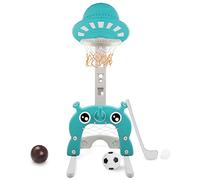 Basketball Hoop Stand Set 5 in 1 Sports Activity Center for Kids Adjustable Height from 45'' to 60'' Easy Score Basketball Football Golf Ring Toss Game Indoor Outdoor for Toddlers Boys Girls,Green