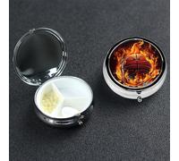 Basketball Logo with Flames Pill Box with Mirror 3 Compartment Decorative Pill Case for Purse or Pocket Small Round Pill Organizer Weekly Metal Medicine Tablet Vitamin Holder Travel Gift