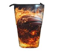 Basketball on Fire and Water Flame Splashing Expandable Stand Pencil Pouch, Multi-Design Oxford Fabric, Adjustable Height, Multi-Use Cosmetic Bag