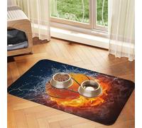 Basketball on Fire and Water Flame Splashing Patterned Pet Feeding Mat with Water-Absorbing PU Top & Rubber Base - Anti-Slip Dog Cat Food Mat for Cats, Dogs & Pets, 40x60cm