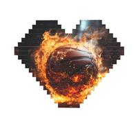 Basketball on Fire and Water Flame Splashing Print Building Brick Block Puzzle - Heart Shaped Picture Puzzles, Wooden Picture Jigsaw Puzzles