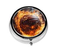Basketball on Fire and Water Flame Splashing This Small, Printed, Round Pill Box is a Portable Pill and Vitamin Organizer Perfect for Pockets, Purses, and Travel.
