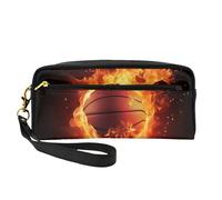 Basketball on Fire Flame Splashing Printed Leather Makeup Bags with Wrist Strap Portable Travel Toiletry Bag Cosmetic Organizer Bag for Women