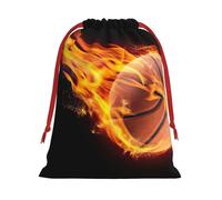 Basketball On Fire Print Christmas Drawstring Gift Bags, Xmas Holiday Fabric Gift Wrapping Bag For Party, Size-L