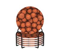 Basketball Orange,Round Ceramic Coasters, Mugs Pad, Cups Mat Set of 6 Drinks Coasters With Holder