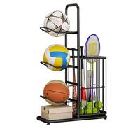 Basketball Rack 3-Tier Carbon Steel Basketball Stand with Side Basket Detachable Hook Adjustable Foot Pad Ball Storage for Football Baseball Tennis Racket and More