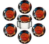Basketball Set of 6 Absorbent Ceramic Coasters with Cork Base & Holder,10cm Round Drink Mats for Mugs, Wine Glasses - Spill Protection for Wood/Glass Tables