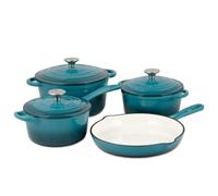 Basque Enameled Cast Iron Cookware Set, 7-Piece Set (Biscay Blue), Nonstick, Oversized Handles, Oven Safe; Skillet, Saucepan, Small Dutch Oven, Large Dutch Oven, 10.25", 2QT, 2.25QT, 4.75QT