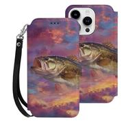 Bass Fish Sunset Printed Wallet Phone Case Slim Cute Cellphone Protective Cover Hanging Rope Unisex Compatible with iPhone 15/15 Plus/15 Pro/15 Pro Max