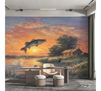 Bass Fish Wallpaper for Living Room & Bedroom & Hallway, Non-Woven Rustic Lodge Cabin Fishing Mural Wallpaper, Wall Mural Wall Decoration 250 x 175 cm (WxH) K-MZ&31