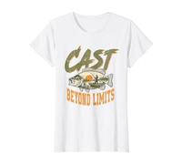Bass Fishing Cast Beyond Limits Vintage Angler Lake Retro Value Graphic T-Shirt, Women, White, L