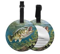 Bass Fishing Wave Print 1/2/4pcs Luggage Tags,Round Leather Travel Suitcase Labels with Privacy Name Address Card