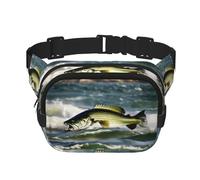 Bass Fishing Wave Print Square Double Layer bag Waist Bag Trendy Pack Travel Bag with Adjustable Bel, Black, One Size