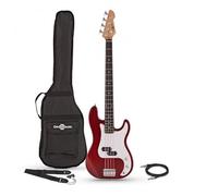 Bass Guitar LA by Gear4music Red with Gig Bag and Jack Cable | For beginners, lightweight paulownia body with comfortable maple neck, split coil pickup for punchy tone