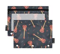 Bass Guitar Lightning Pencil Pouch for 3 Ring Binder, Three Hole Pencil Case for Binder Bulk Pencil Bag with Clear Window and Zipper for Office School College, 2 Pack