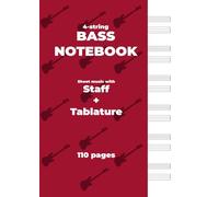 BASS NOTEBOOK. Sheet music with Staff + Tablature: Red cover, white paper, A4 size, ideal for bassists. 6 staff + tablatures per page.