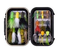 BASSDASH 18pcs Bass Fly Fishing Flies, Dry Wet Flies Poppers in Hook Sizes 1/0, 4, 6 with Waterproof Fly Box