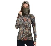 BASSDASH Women's UPF 50+ Camo Hunting Hoodie with Neck Gaiter Breathable Performance Long Sleeve Fishing Hooded Tee FS03W, Autumn Forest, Medium
