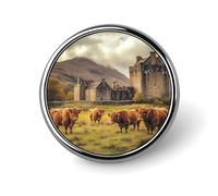 Basse Castle Scottish Highland Cows Round Brooch Pin Lapel Pins Tie Suit Dress Accessories Wedding Birthday for Men Women
