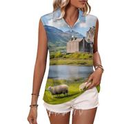 Basse Castle Scottish Highlands Sheep Women's Golf Polo Shirts Sleeveless Tank Tops Collared V Neck Summer Tennis Tees