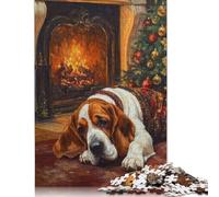 Basset Dog Christmas Print Dog by Fireplace at Christmas Puzzles 1000 Pieces Wooden Puzzles Puzzle for Adults For Family Fun & Game Night 1000pcs (75x50cm)