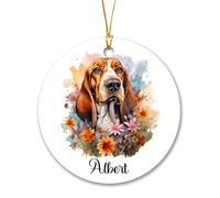 Basset Hound Dog Remembrance Ornament With Ribbon Christmas Pendant Ceramic Crimbo Baubles