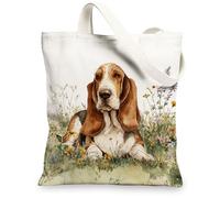 Basset Hound Floral Canvas Tote Bag, Vintage Reusable Shopping Bags, Lightweight Nature Inspired Shoulder Bags, White, 13x15 Inch