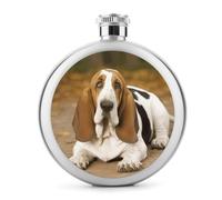 Basset Hound Hip Flask Stainless Steel Round Flagon Portable Leak-Proof Whiskey Flask, Classic Circular Design Alcohol Flask for Men Women, Travel Camping Outdoor Party Gift
