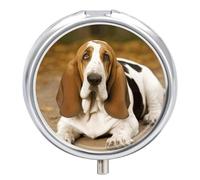 Basset Hound Pill Box,3 Compartments Round Small Pills Case Moisture-Proof Portable Pill Container for Travel Vitamins Fish Oil Supplements
