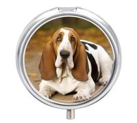 Basset Hound Pill Box Medicine Pill Organizer 3 Compartment Daily Pill Case Small Pill Container Round Pill Holder Travel Pill Box Metal Pill Case for Purse Pocket