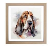 Basset Hound Watercolour Framed Wall Art Print, Ready to Hang Picture for Living Room Bedroom Home Office, Oak 18 x 18 Inch (45 x 45 cm)