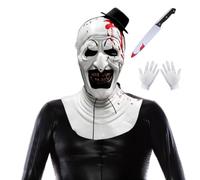 BASTOUR Terrifier Costume Accessory with Mini Top Hat, Terrifier Mask with Bloody Plastic Toy Knife and Bloodstained Gloves, Art the Clown Mask, Latex Horror Halloween Clown Masks