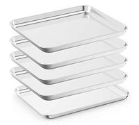 Bastwe Baking Sheet Set of 5, Stainless Steel 5 Piece Cookie Sheet, Toaster Oven Baking Pan Set, Rectangle Size 16 x 12 x 1 inch, Healthy, Mirror Finish, Rust Free, Dishwasher Safe