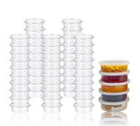 Basuit 50 Packs - Round Stackable Food Container, Sauces Cups Small Containers with Lids, Clear Leakproof Plastic Take Away Sauce Pots for Small Dips Chutney Salads Restaurants Catering(2oz-50 ml)