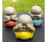 Basuo-9Q Pack of 3 Wise Monks Clay Figurines See Hear Speak No Evil Buddha Statues Home Décor Wealth Lucky Ornaments Collectible (Brown)