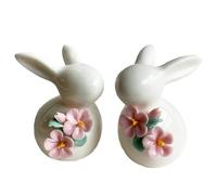 Basuo-9Q Set of Mini Ceramic Rabbit Figurines, Porcelain Easter Bunny Decorations for Home, Tabletop Ornament, Tea Ceremony Pet (2-Flower)