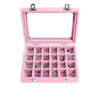 BASUWELL 24 Grid Velvet Jewelry Tray for Drawers Glass Clear Lid Showcase Display Storage Ring Trays Holder Earrings Organizer Case - Pink