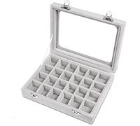BASUWELL 24 Grid Velvet Jewelry Tray for Drawers Glass Clear Lid Showcase Display Storage Ring Trays Holder Earrings Organizer Case-Grey
