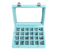 BASUWELL 24 Grid Velvet Jewelry Tray for Drawers Glass Clear Lid Showcase Display Storage Ring Trays Holder Earrings Organizer Case Blue