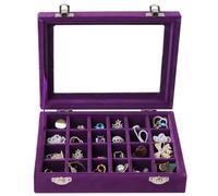 BASUWELL 24 Grid Velvet Jewelry Tray for Drawers Glass Clear Lid Showcase Display Storage Ring Trays Holder Earrings Organizer Case Purple
