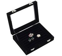 BASUWELL Earring Storage 7 Slots Velvet Jewelry Tray for Drawers Glass Clear Lid Showcase Display Ring Organizer Earring Ring Trays Holder Cufflink Showcase-Black