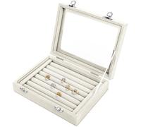 BASUWELL Jewelry Box Rings Organizer Tray 7 Slots Velvet Earring Storage Box With Transparent Lid Jewelry Display Case for Women - Beige
