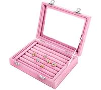 BASUWELL Jewelry Box Rings Organizer Tray 7 Slots Velvet Jewelrybox Earring Storage Box With Transparent Lid Jewelry Display Case for Girls Women (Light Pink)