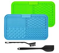 BASVII Lick Pads for Dogs 25 x 15 cm 2 Pack Includes Silicone Scraper and Brush, Lick Pads for Dogs Slow Eating, Lick Pads for Cats for Bathing, Grooming (Blue + Green)