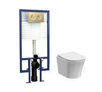 Baswich Contemporary Round Wall Hung Toilet Pan and Seat with Concealed Cistern and Flush Plate with Round Buttons - White/Brushed Brass