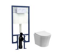 Baswich Contemporary Round Wall Hung Toilet Pan and Seat with Concealed Cistern and Flush Plate with Round Buttons - White