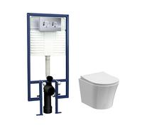 Baswich Contemporary Round Wall Hung Toilet Pan and Seat with Concealed Cistern and Flush Plate with Round Buttons - White/Chrome